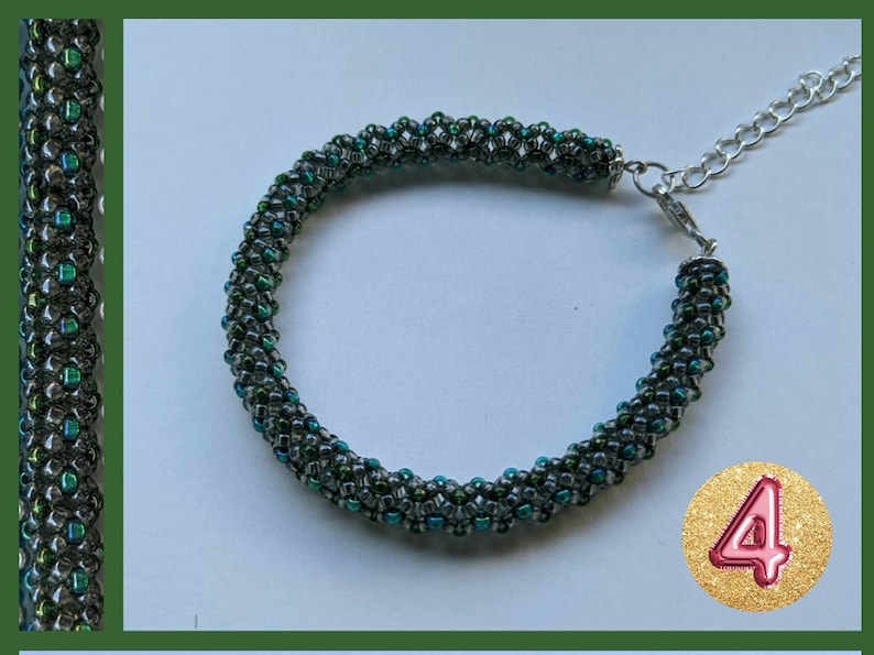 May include: A green and black beaded bracelet with a silver clasp. The bracelet is made with small, iridescent beads.