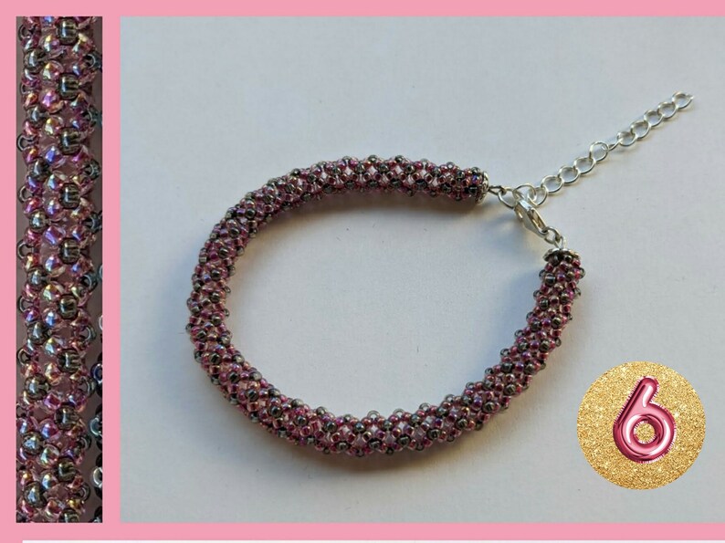 May include: A pink and silver beaded bracelet with a silver clasp and chain. The bracelet is made with small, iridescent beads.