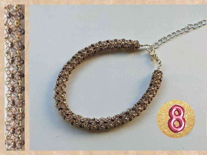 May include: A brown and gold beaded bracelet with a silver clasp. The bracelet is made with small, round beads that are arranged in a pattern. The bracelet is about 8 inches long.