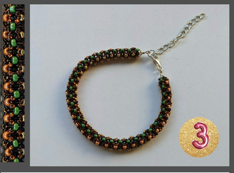 May include: A brown, green, and gold beaded bracelet with a silver clasp. The bracelet is made with small, round beads and has a simple, elegant design.
