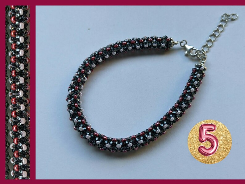 May include: A black, white, and red beaded bracelet with a silver clasp. The bracelet is made with small, round beads and has a simple design.