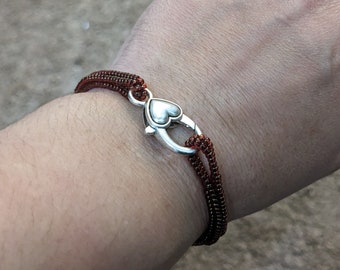 Handmade Herringbone Beaded Bracelet: Miyuki Seed Beads, Heart Clasp