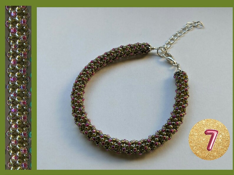 May include: A green and pink beaded bracelet with a silver clasp. The bracelet is made with small seed beads and has a subtle shimmer.
