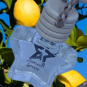 May include: Clear, star-shaped glass bottle with a wooden cap and braided cord. The bottle has the text "Lemon Grove" and a star design. The background includes lemons and green leaves against a blue sky.
