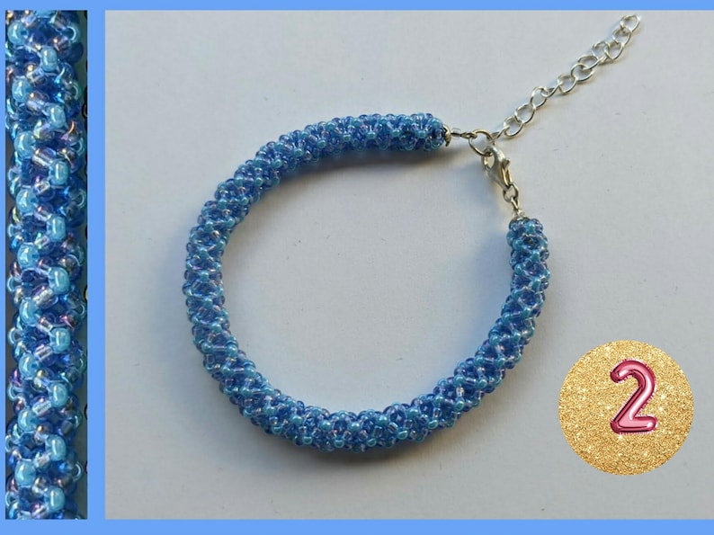 May include: A blue beaded bracelet with a silver clasp. The beads are iridescent and have a light blue color.