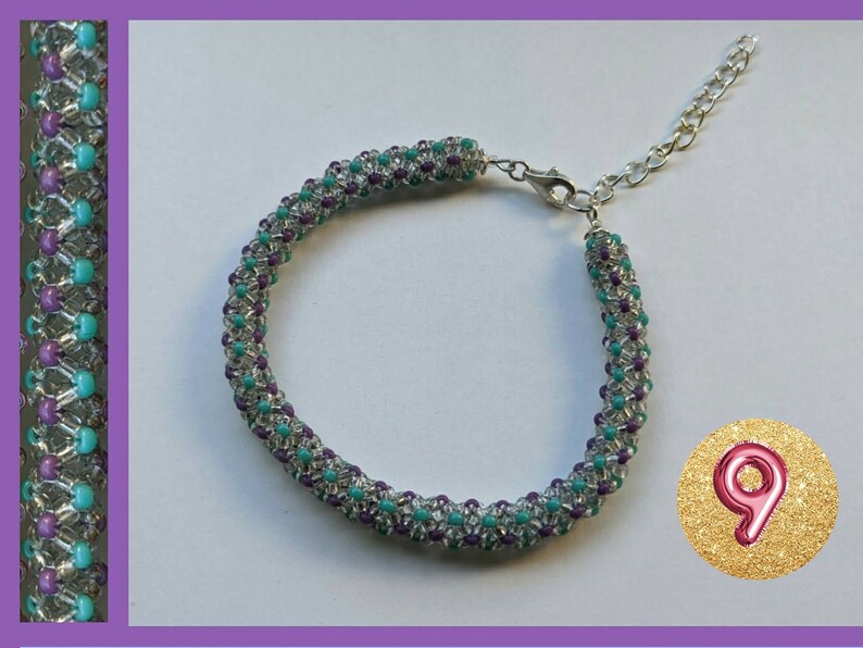 May include: A beaded bracelet with a silver clasp. The bracelet is made with purple, turquoise, and clear beads. The bracelet is 9 inches long.