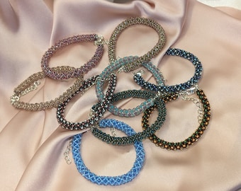 Chenille Stitch Seed Bead Bracelet: Silver Clasp Bangle, Elegant Style, Handmade