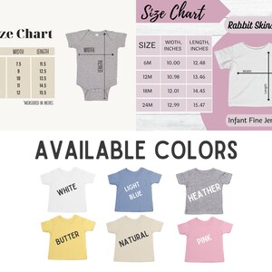 May include: Image showing a size chart for baby clothes, including measurements in inches for various sizes. The image also displays available colors: white, light blue, heather, butter, natural, and pink. The text "Infant Fine Jersey Tee" is also visible.