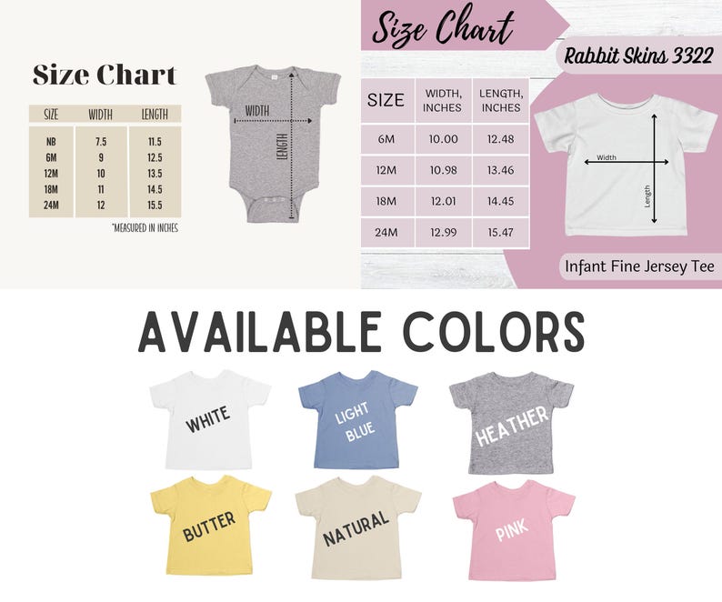May include: Image showing a size chart for baby clothes, including measurements in inches for various sizes. The image also displays available colors: white, light blue, heather, butter, natural, and pink. The text "Infant Fine Jersey Tee" is also visible.