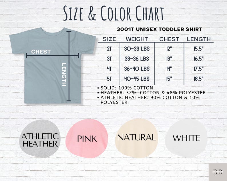 May include: A size and color chart for a 3001T unisex toddler shirt. The chart includes sizes 2T to 5T, with corresponding weights in pounds, chest measurements in inches, and lengths in inches. Color options include Athletic Heather, Pink, Natural, and White.