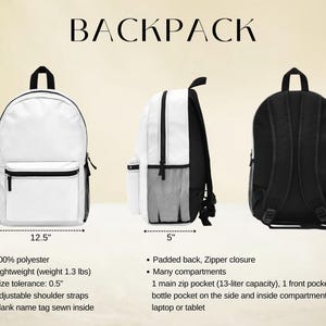 Może przedstawiać: Biały plecak z czarnymi akcentami, o wysokości 43 cm, szerokości 32 cm i głębokości 13 cm. Posiada gł&oacute;wną kieszeń na zamek błyskawiczny, przednią kieszeń i kieszeń na butelkę. Regulowane paski na ramiona i pusta metka na imię wewnątrz.