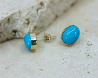 14K Gold Bezel Set Oval Turquoise Stud Earrings, Turquoise Gemstone Jewelry