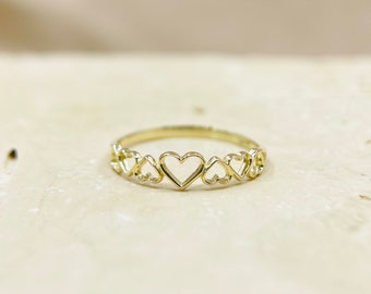 14K Solid Gold Multi Heart Ring, Super Dainty Heart Decor Simple Gold Band Ring, Women’s Gift Valentines Gift