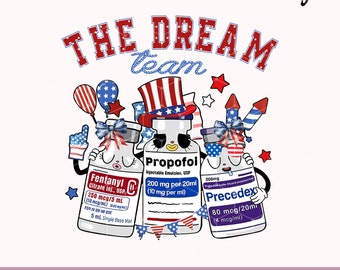 May include: A cartoon illustration of three medicine bottles dressed in red, white, and blue patriotic attire. The bottles are labeled "Fentanyl", "Propofol", and "Precedex". The text "THE DREAM TEAM" is above the bottles.