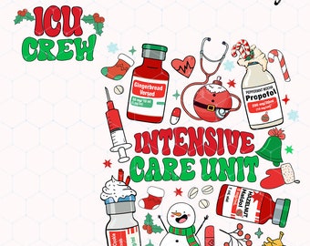 以下が含まれることがあります： 「ICU Crew」と「Intensive Care Unit」の文字が書かれた、クリスマスをテーマにしたお祝いのイラスト。雪だるま、キャンディーケーン、聴診器、薬の瓶など、さまざまな医療用品とクリスマスの飾り付けが描かれています。