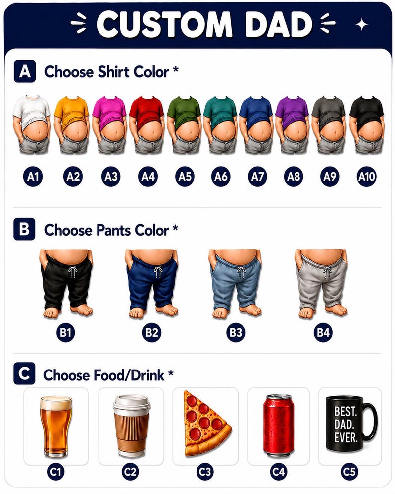 May include: A customization chart titled CUSTOM DAD featuring ten shirt colors labeled A1-A10, four pants options labeled B1-B4, and five food or drink icons labeled C1-C5, including a beer glass, coffee cup, pizza slice, soda can, and a mug with text.