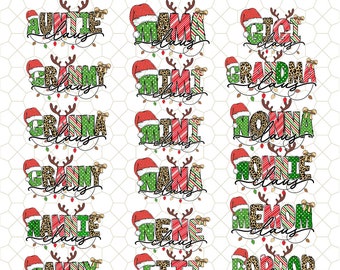 May include: A collection of Christmas-themed graphics featuring various family titles like "Auntie Claus" and "Granny Claus." Each design includes a Santa hat, reindeer antlers, and festive patterns in red, green, and leopard print.