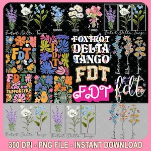 May include: Digital clipart featuring a variety of floral designs and the text "Foxtrot Delta Tango FDT". The clipart is in a retro style with bright colors and bold lettering. The floral designs include daisies, roses, and other flowers in shades of pink, red, blue, and yellow.