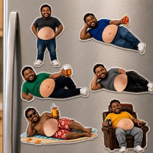 May include: A set of six die-cut refrigerator magnets featuring a person with a prominent belly in various poses, including standing, reclining with a slice of pizza, holding a beer, lounging on a beach towel, and sitting in a leather chair.