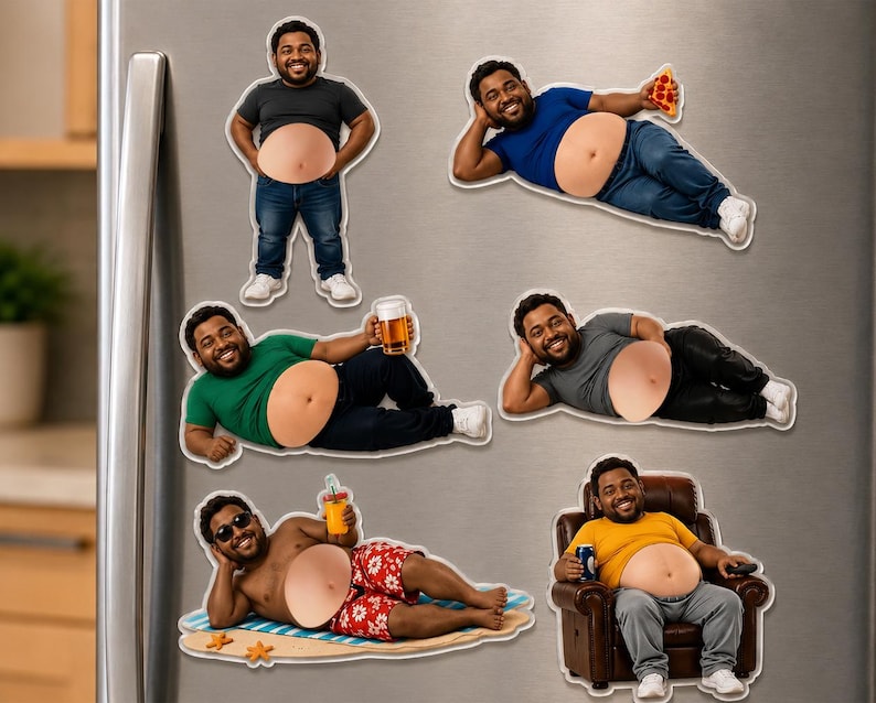 May include: A set of six die-cut refrigerator magnets featuring a person with a prominent belly in various poses, including standing, reclining with a slice of pizza, holding a beer, lounging on a beach towel, and sitting in a leather chair.