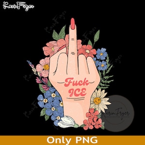 以下が含まれることがあります： 様々な花に囲まれた、中指を立てた手のイラスト。 手にはピンク色の文字で「Fuck ICE」と書かれています。 背景は黒で、ヴィンテージ風のイラストスタイルです。