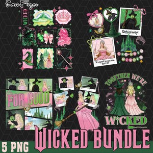 以下が含まれることがあります： ミュージカル「Wicked」のイラストとテキストをフィーチャーしたデジタルアートバンドル。西の悪い魔女、グリンダ、エメラルドシティの画像が含まれており、「Defy gravity!」と「Together we're Wicked」というテキストが書かれています。
