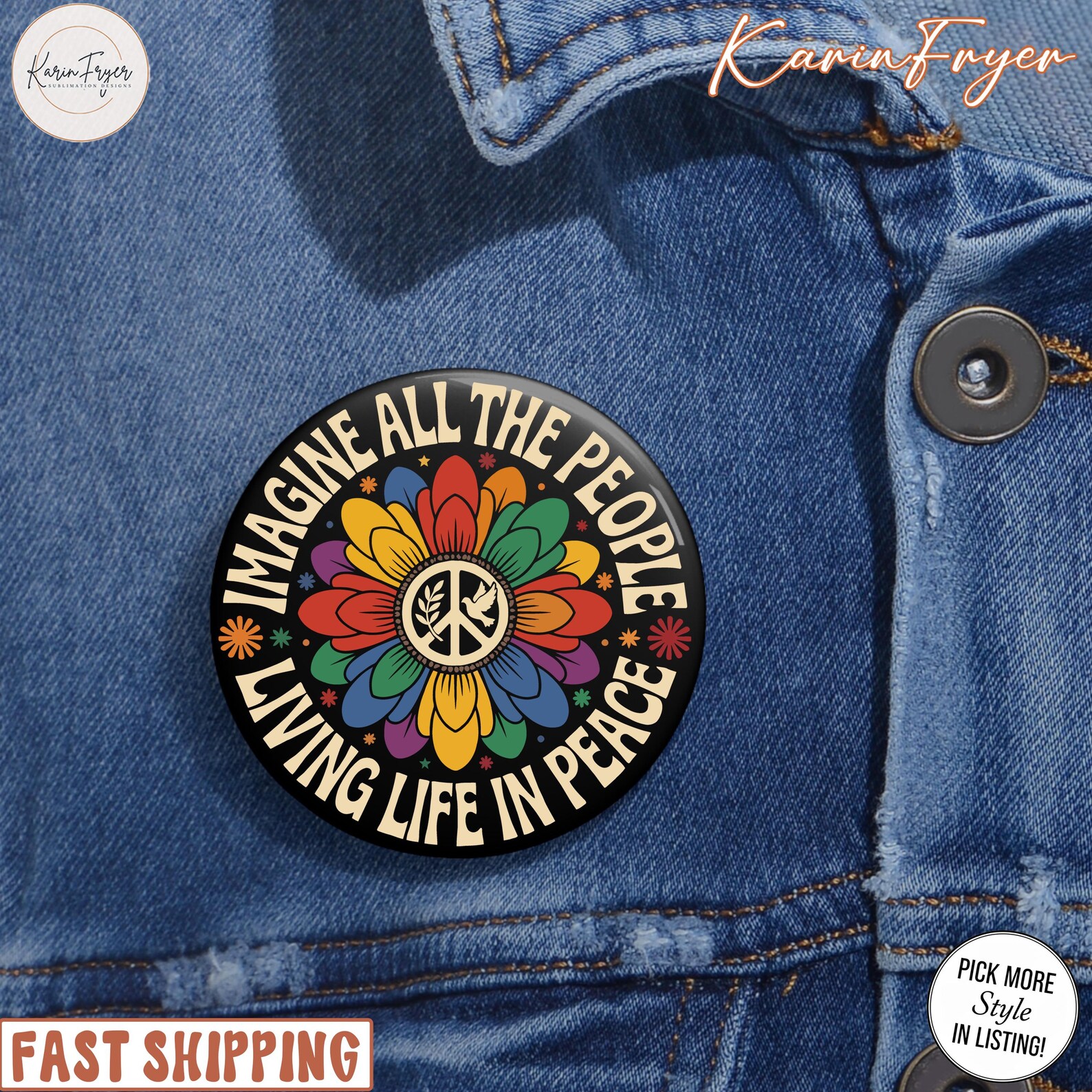 Peace Sign Button Pin | Retro Hippie Badge | Imagine All the People ...