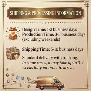 May include: A beige informational graphic with a dark brown header reading SHIPPING & PROCESSING INFORMATION. It features a gift box icon, a circular emblem with bear and coffee illustrations, and a small brown delivery van at the bottom.