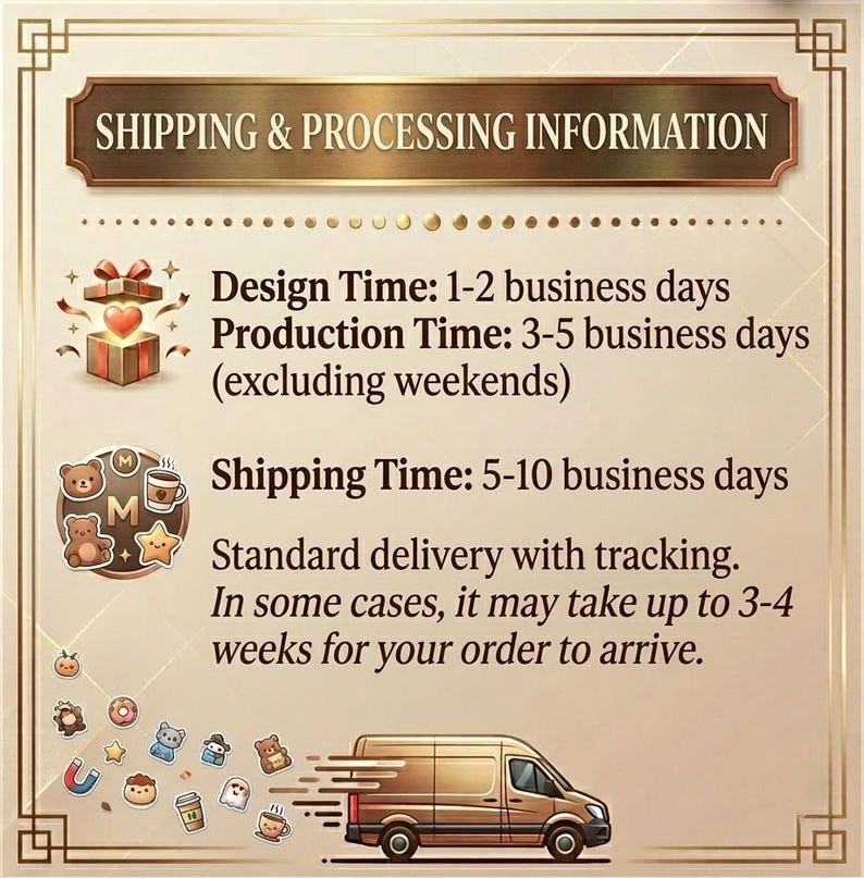 May include: A beige informational graphic with a dark brown header reading SHIPPING & PROCESSING INFORMATION. It features a gift box icon, a circular emblem with bear and coffee illustrations, and a small brown delivery van at the bottom.