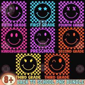 8+ Smile Back to School Checkered Bundle PNG, First Day of School Designs, Kindergarten to Third Grade, Retro Teacher Shirt Neon Sublimation