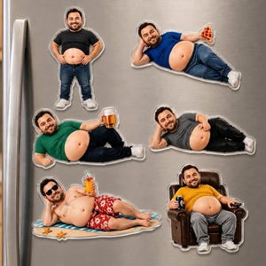 May include: Six custom refrigerator magnets featuring a man with a prominent belly in various poses: standing in a black t-shirt, reclining with pizza, lying with a beer, resting in a grey shirt, sunbathing in red shorts, and sitting in a brown chair.