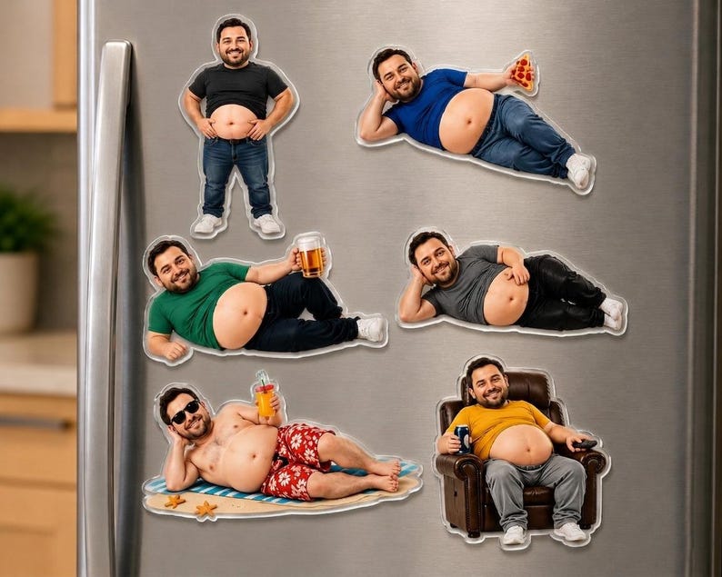 May include: A set of six refrigerator magnets featuring a man with a prominent belly in various poses: standing in a black t-shirt, reclining with pizza, lying with a beer, resting in a grey shirt, sunbathing in red shorts, and sitting in a chair.