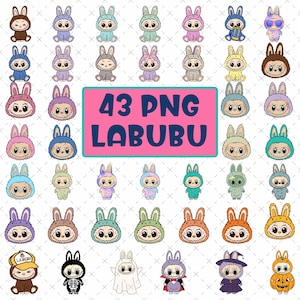43 Labubu PNG-bundel, schattige cartoon Bunny clipart, kawaii Labubu karakters PNG, sublimatie graphics, digitale download voor stickers shirts