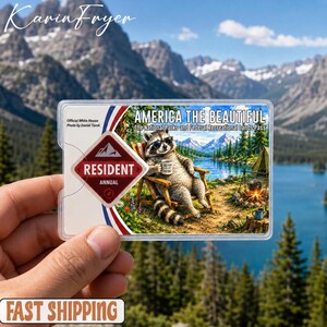 May include: A rectangular America the Beautiful National Parks and Federal Recreational Lands Pass card featuring a raccoon wearing sunglasses, sitting in a wooden chair by a lake, holding a mug with the text Solitude is my vibe.