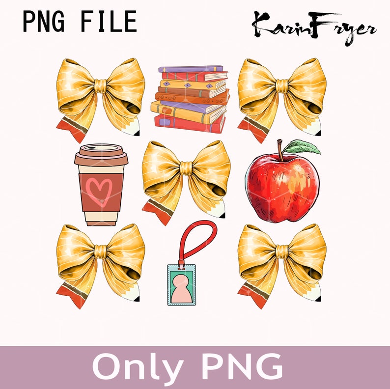 Pu&ograve; includere: Illustrazioni digitali che includono una pila di libri, una tazza di caff&egrave; con un cuore, una mela rossa, fiocchi e un badge identificativo. &Egrave; presente anche il testo "PNG FILE" e "Only PNG".