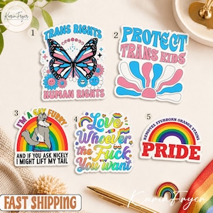 May include: Five die-cut stickers featuring colorful designs. Sticker 1 shows a butterfly with trans flag colors and flowers. Sticker 2 reads PROTECT TRANS KIDS. Sticker 3 features a gray furry character and rainbow. Sticker 4 says Love Whoever the Fuck You want. Sticker 5 reads PRIDE and REMOVES STUBBORN ORANGE STAINS.