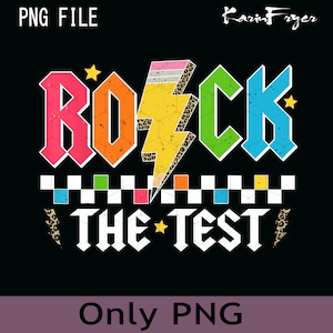 May include: Colorful graphic design with the text "Rock The Test" in white letters with a rainbow colored lightning bolt and a pencil. The design has a checkered pattern and leopard print accents.