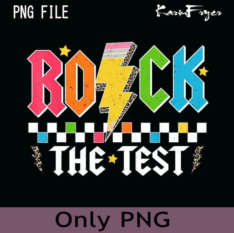 Może przedstawiać: Kolorowe wzornictwo graficzne z tekstem "Rock The Test" w białych literach, błyskawicą w kolorze tęczy i oł&oacute;wkiem. Projekt zawiera wz&oacute;r w kratkę i akcenty w postaci wzoru lamparta.