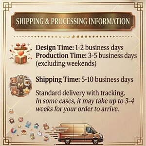 May include: A rectangular graphic with a gold border containing the text SHIPPING & PROCESSING INFORMATION. It lists design, production, and shipping times alongside icons of a gift box, a circular badge with bears, and a brown delivery van.