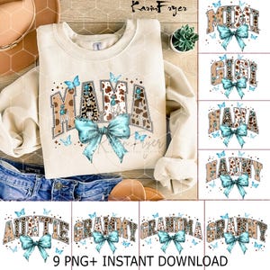 May include: Nine digital designs featuring various family member titles, such as "Mama", "Mimi", "Gigi", "Nana", "Nannie", "Auntie", "Grammy", "Grandma", and "Granny". Each design features a blue bow, leopard print, and butterfly accents.