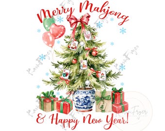 Pode incluir: Ilustração em aquarela de uma árvore de Natal decorada com enfeites e peças de Mahjong, encimada por um laço vermelho. Há presentes na base e balões flutuando à esquerda. O texto diz "Merry Mahjong & Happy New Year!"