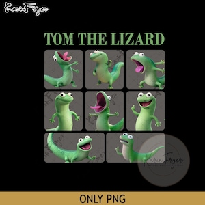 Puede incluir: Sobre un fondo negro, texto "TOM THE LIZARD" encima de nueve imágenes de dibujos animados de un lagarto verde con una lengua rosa. La parte inferior de la imagen tiene el texto "ONLY PNG".