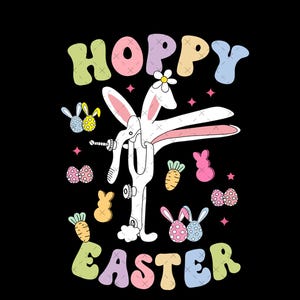 May include: A white bunny with pink ears and a flower on its head is holding a fork with a carrot on it. The bunny is surrounded by colorful Easter eggs and carrots. The text "Hoppy Easter" is written in rainbow colors above the bunny.