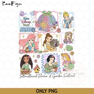 Pode incluir: Um gráfico colorido com princesas da Disney e o texto "Walt Disney World" e "International Flower & Garden Festival". As princesas são retratadas com flores e ferramentas de jardinagem. A imagem tem um estilo fantasioso e de desenho animado.