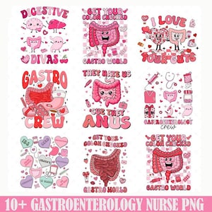 Puede incluir: Un conjunto de más de 10 gráficos digitales que presentan lindos intestinos de dibujos animados con varias frases relacionadas con la gastroenterología. Los gráficos son de color rosa, rojo y blanco con corazones y otros elementos temáticos del Día de San Valentín. Las frases incluyen "Digestive Divas", "Gastro Crew", "Get Your Colon Checked", "Gastro World", "I Love Your Guts", "They Hate Us 'Cuz They Anus" y "Gastroenterology Crew".