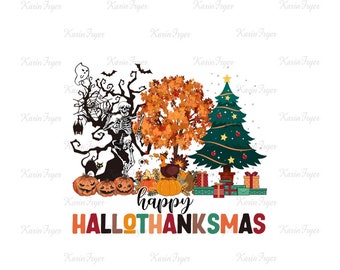 Può includere: Un'illustrazione digitale di un albero di Halloween spettrale, un tacchino del Ringraziamento e un albero di Natale con il testo "happy HALLOTHANKSMAS".