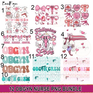 May include: A set of 12 digital illustrations featuring OBGYN related designs. The designs include a uterus with the text "Fallopian in Love", a uterus with the text "In My OBGYN Era", a uterus with the text "Hugs. Kisses. OBGYN", a uterus with the text "OBGYN Crew", and a uterus with the text "OBGYN".