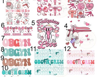 Könnte beinhalten: Ein Set mit 12 digitalen Illustrationen mit OBGYN-bezogenen Designs. Die Designs beinhalten eine Gebärmutter mit dem Text "Fallopian in Love", eine Gebärmutter mit dem Text "In My OBGYN Era", eine Gebärmutter mit dem Text "Hugs. Kisses. OBGYN", eine Gebärmutter mit dem Text "OBGYN Crew" und eine Gebärmutter mit dem Text "OBGYN".