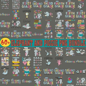 May include: A collection of over 60 PNG graphics featuring elephants and piggies, with school-themed designs. Includes text like "First Grade," "Kindergarten," and "Read." Ideal for educational projects and crafts.
