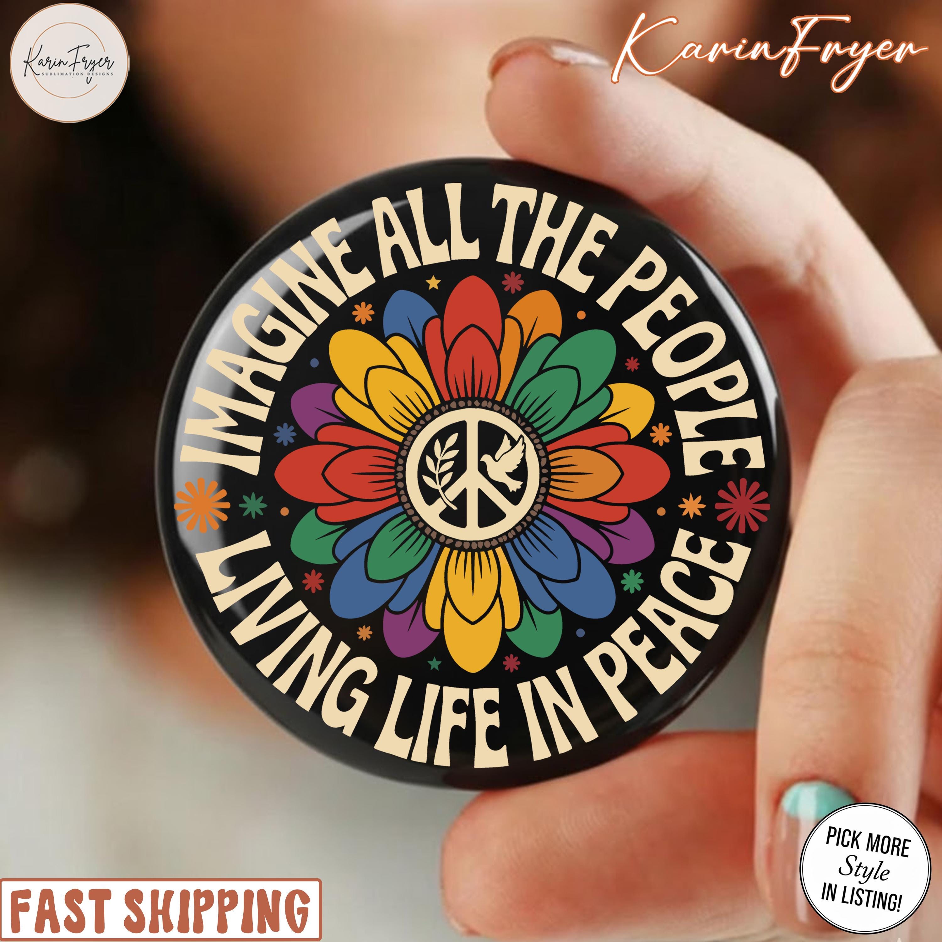 Peace Sign Button Pin | Retro Hippie Badge | Imagine All the People ...